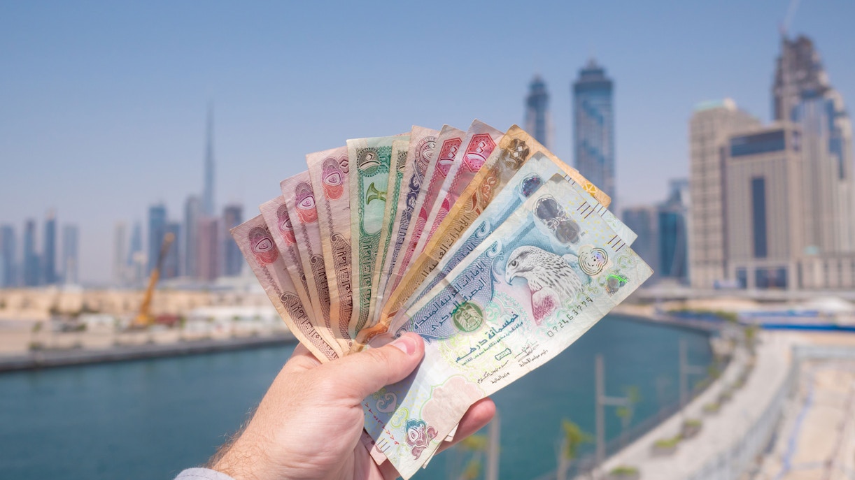 Dubai skyline with Burj Khalifa and financial district in view.