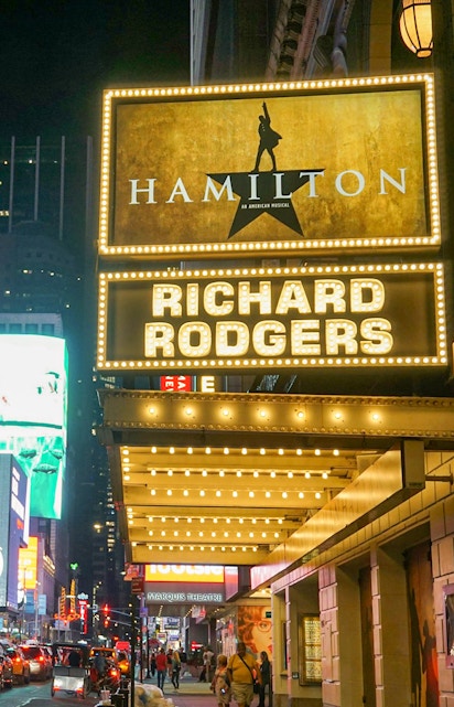 Broadway's Richard Rodgers Theatre with Hamilton marquee in New York City.