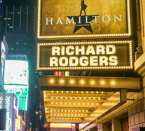 Broadway's Richard Rodgers Theatre with Hamilton marquee in New York City.