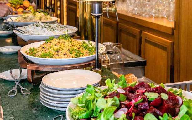 Buffet spread with salads and dishes at Flora Danica, Champs Elysées, Paris brunch.
