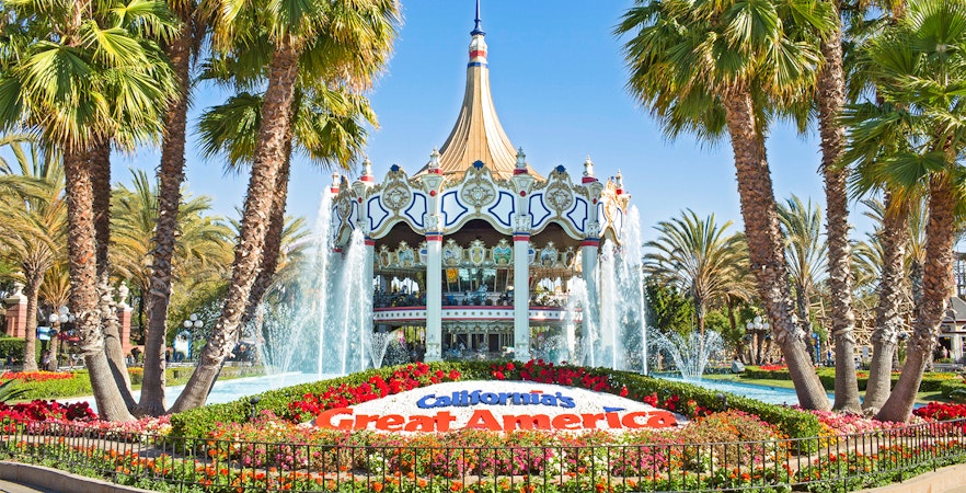 Carousel and fountains at California's Great America, Six Flags, California, USA.