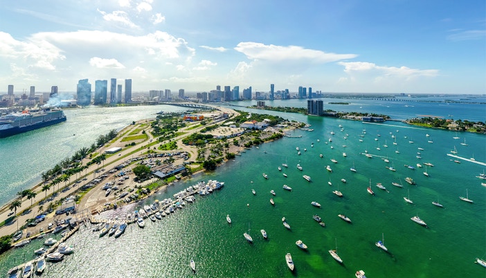 Aerial view of yachts docked at Watson Island marina, Miami.