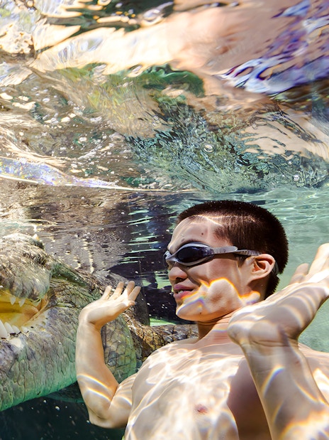 Person in goggles underwater near a crocodile at Crocosaurus Cove's Cage of Death.