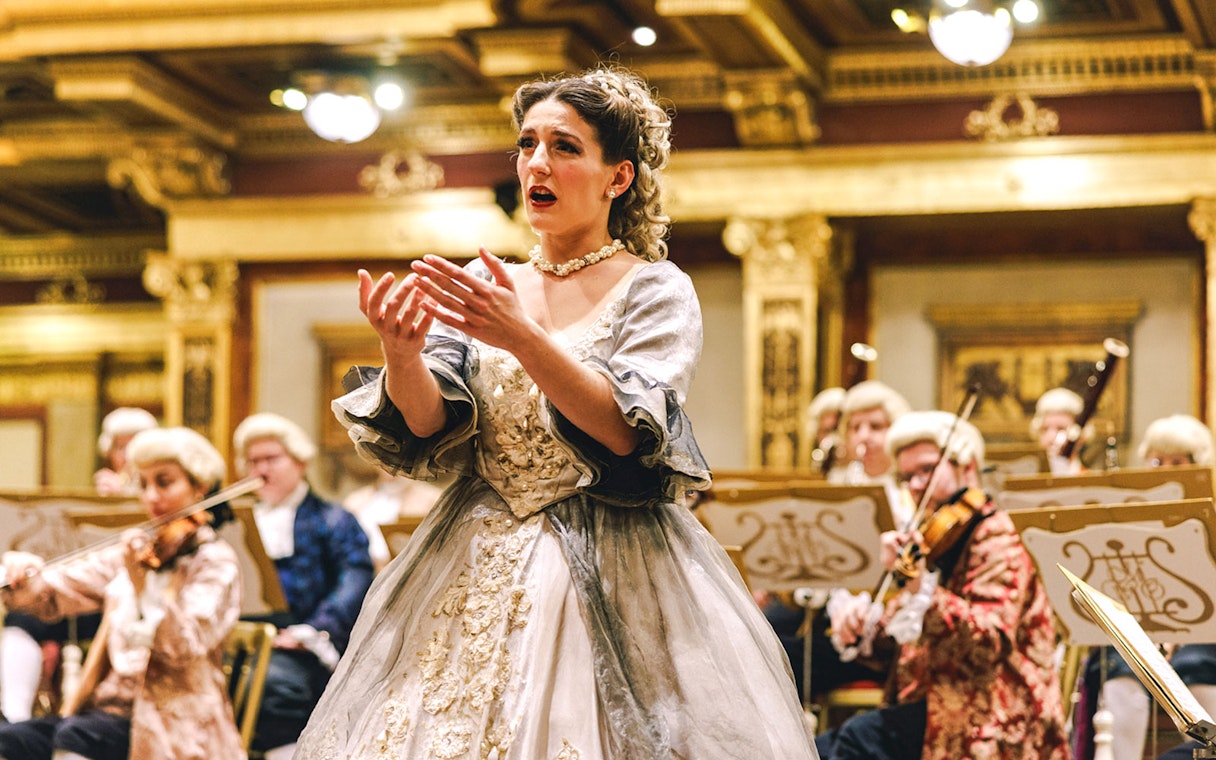 Mozart Orchestra performing in Vienna's Golden Hall at Musikverein.