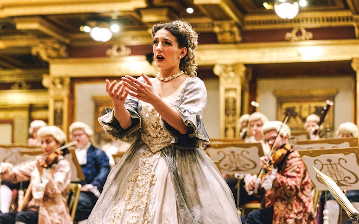 Mozart Orchestra performing in Vienna's Golden Hall at Musikverein.