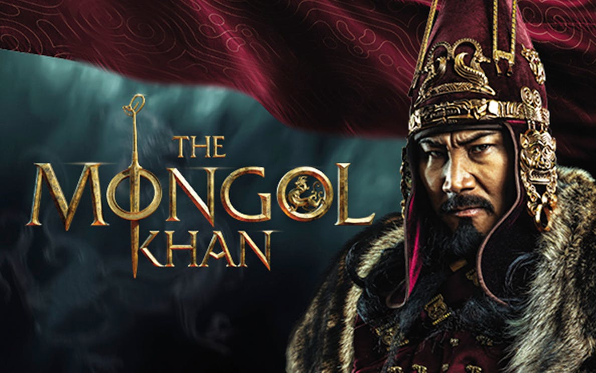 Mongol warrior in traditional attire with "The Mongol Khan" text.
