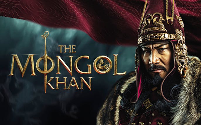 Mongol warrior in traditional attire with "The Mongol Khan" text.