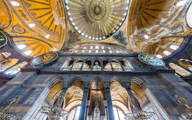 Hagia Sophia interior with ornate dome and arches, Istanbul, private guided tour.