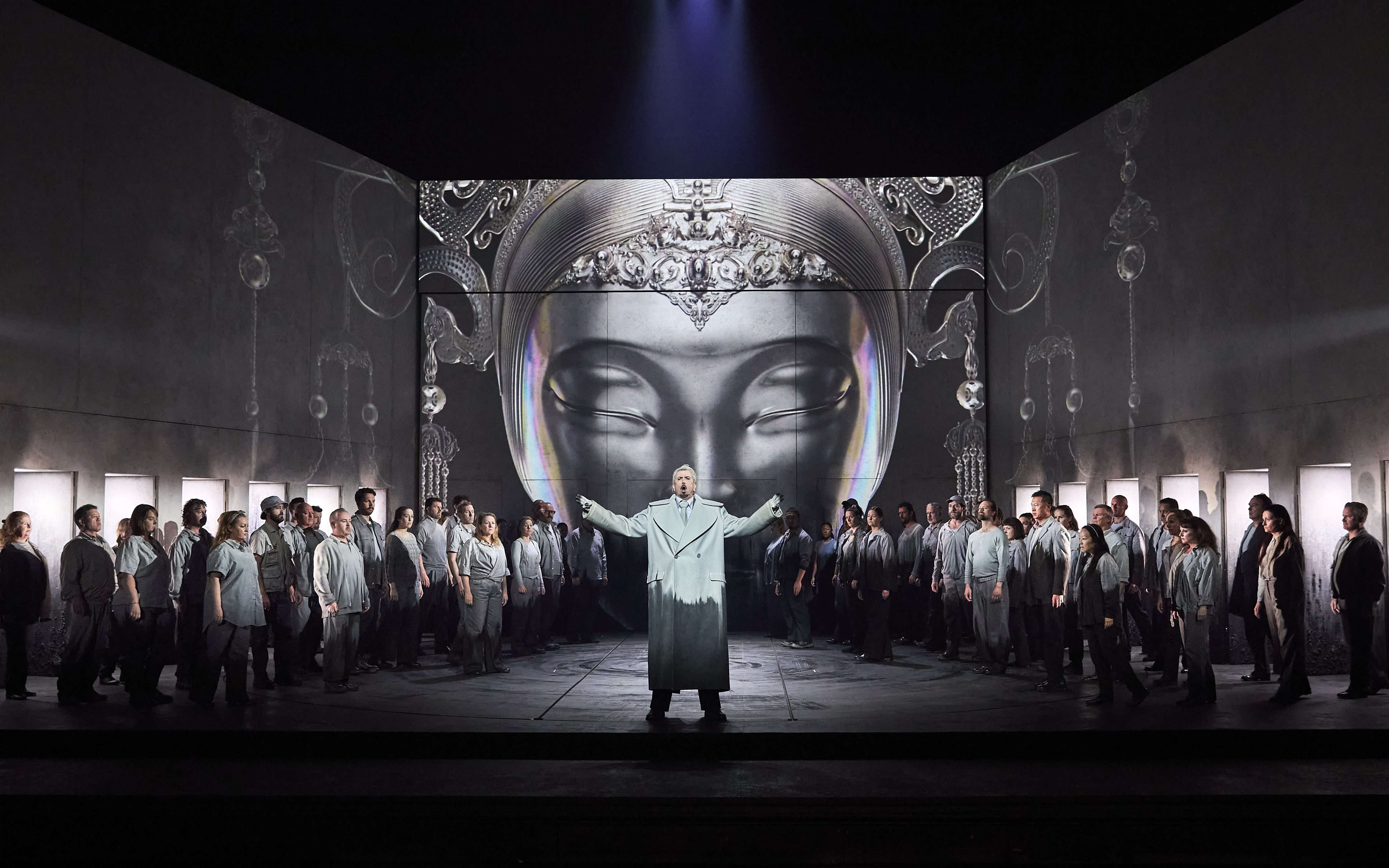Stage performance of Turandot in Sydney with a large cast and ornate backdrop.