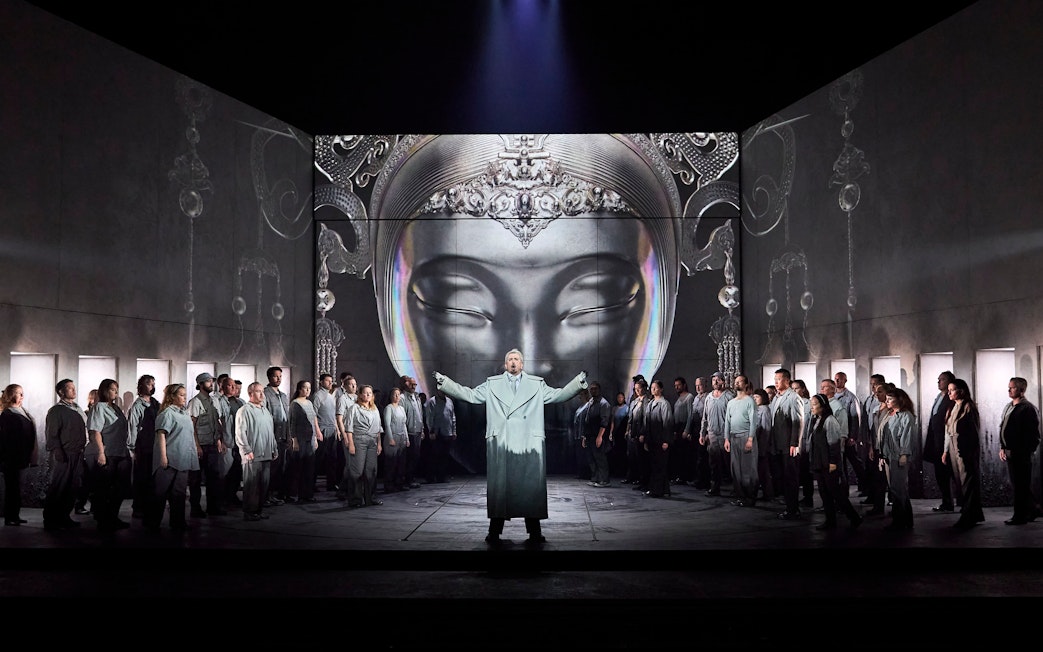 Stage performance of Turandot in Sydney with a large cast and ornate backdrop.