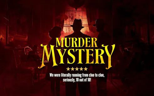 Stockholm Murder Mystery game poster with silhouettes of three figures in a dimly lit room.