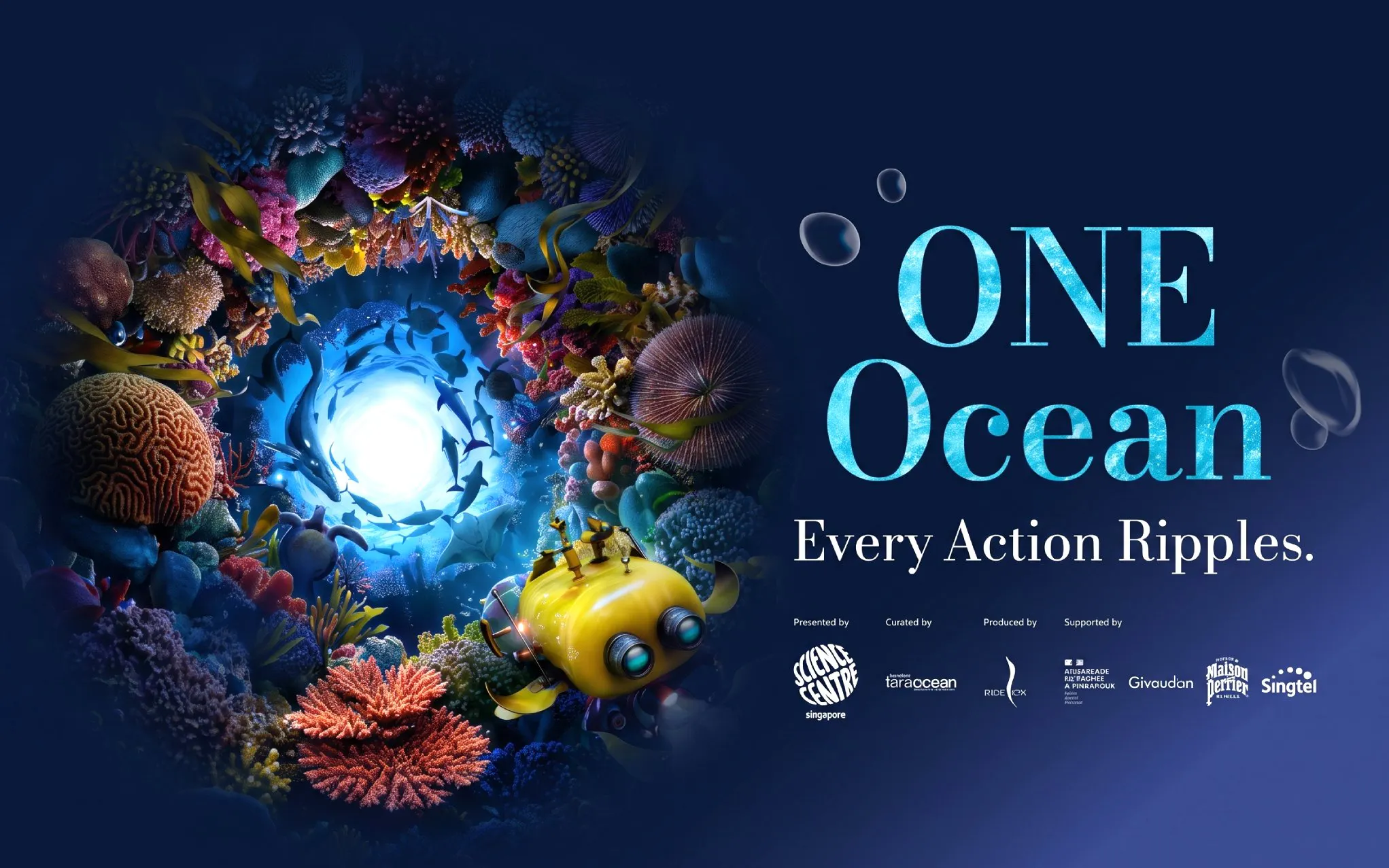 Underwater scene with coral reef and submarine at Science Centre Singapore exhibit.