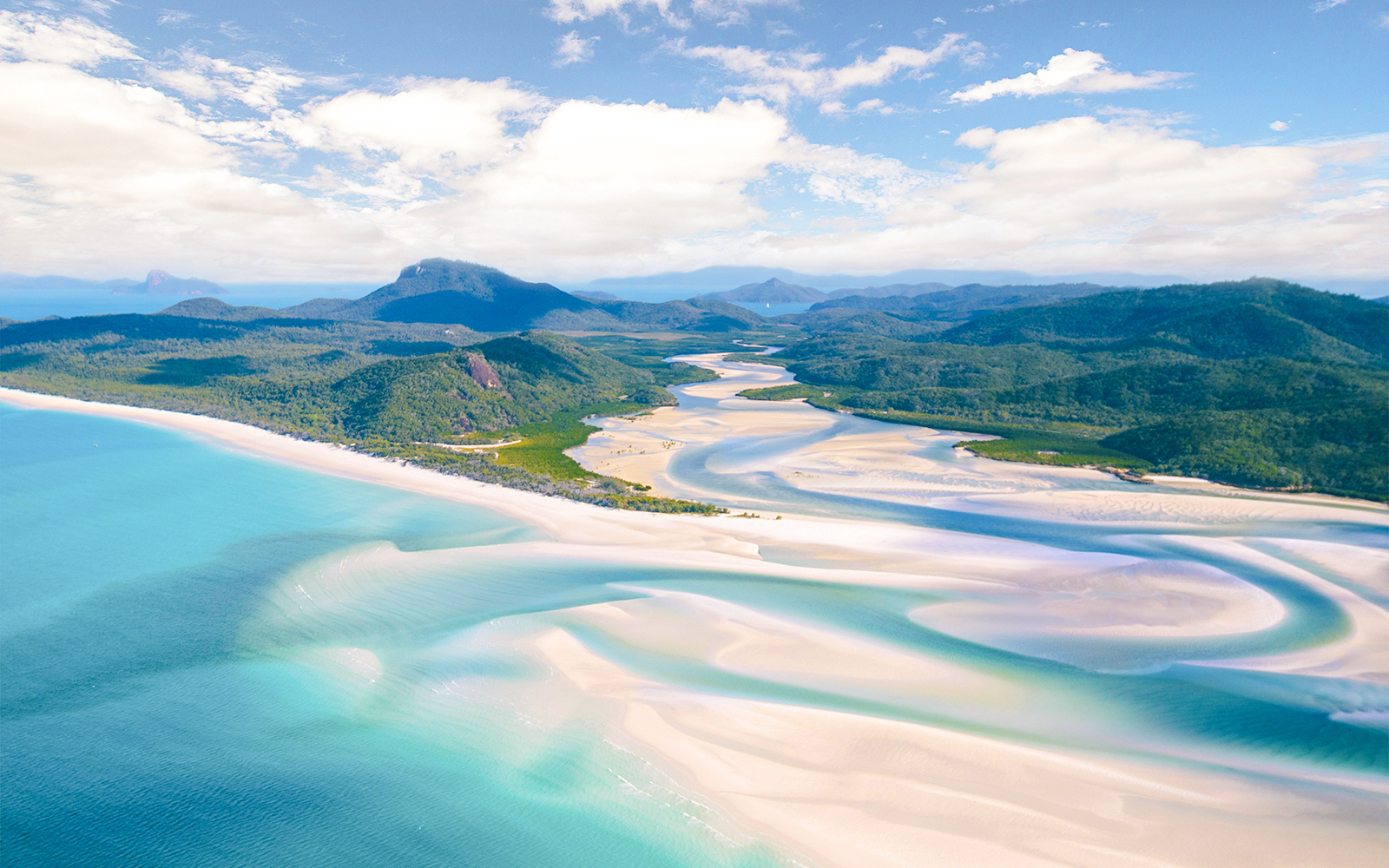Whitehaven Beach aerial view, turquoise waters and white sands, Whitsundays, Great Barrier Reef.