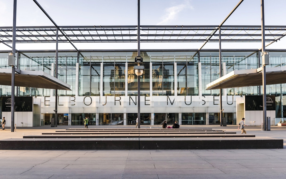 Melbourne Museum entrance with glass facade, located in Victoria.