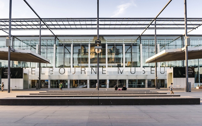 Melbourne Museum entrance with glass facade, located in Victoria.