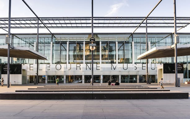 Melbourne Museum entrance with glass facade, located in Victoria.