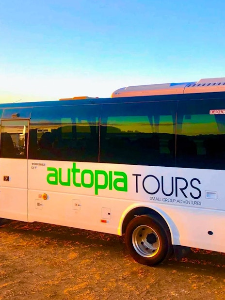 Transfer bus for Great Ocean Road Reverse Tour at sunset.