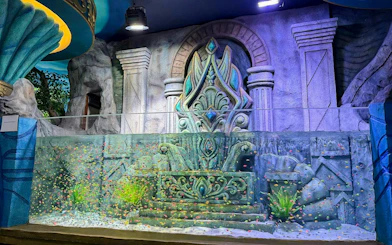 Vinwonders Phu Quoc Theme Park aquarium with ornate stone backdrop and colorful fish.