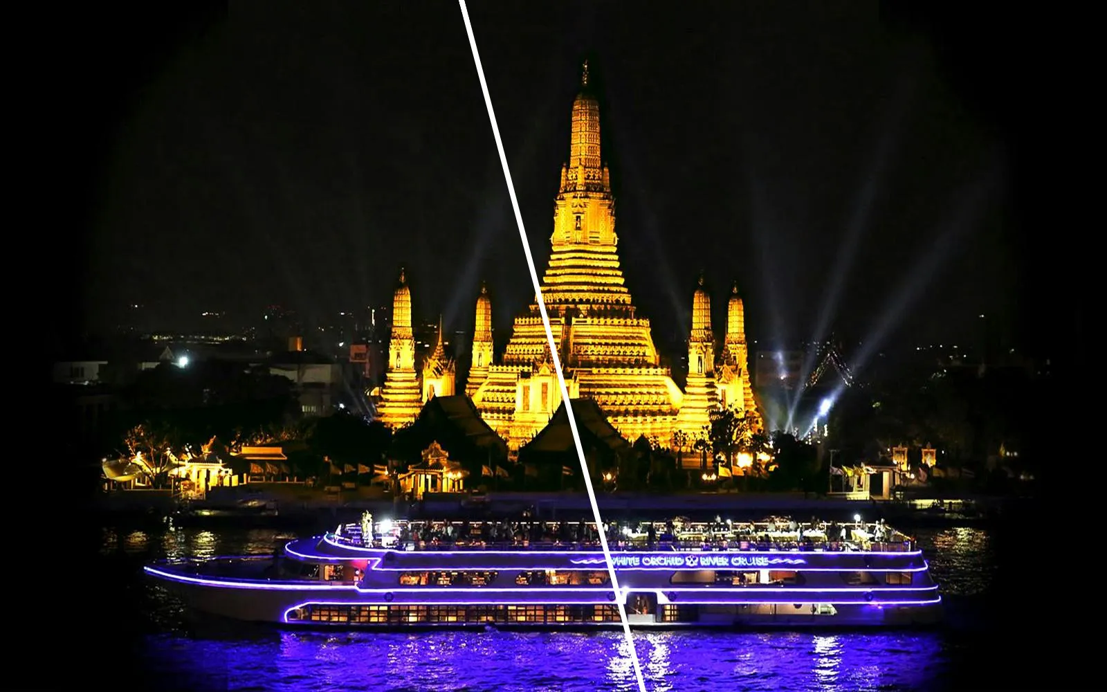 River cruise boat with illuminated Wat Arun temple in Bangkok at night.