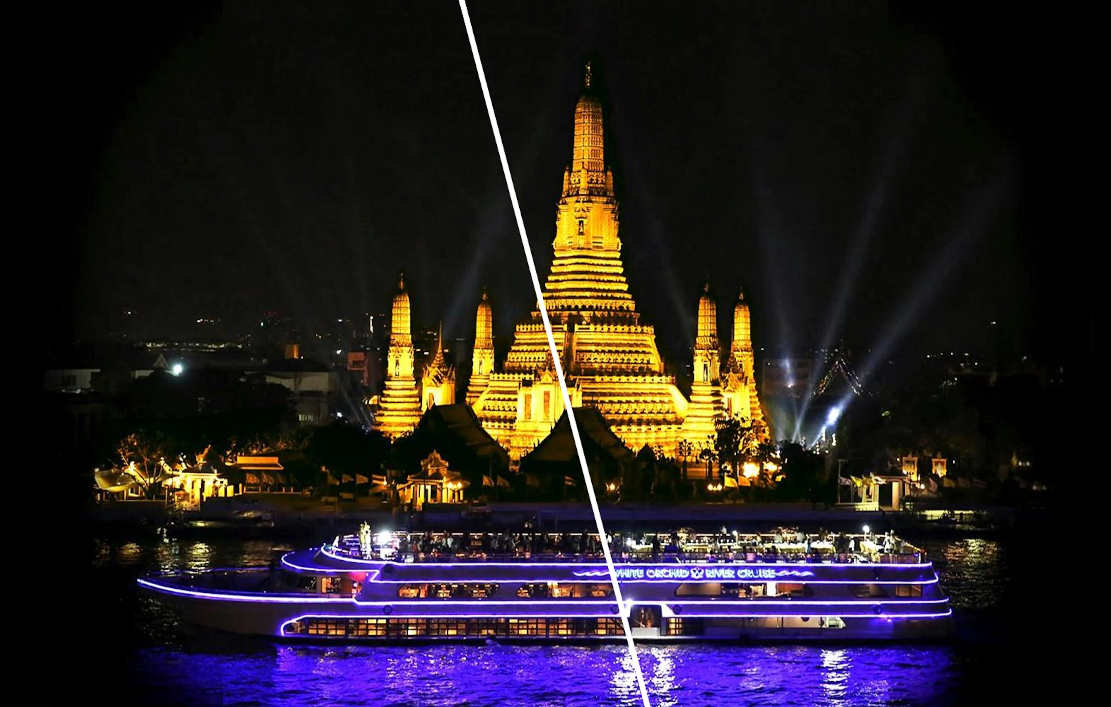 River cruise boat with illuminated Wat Arun temple in Bangkok at night.