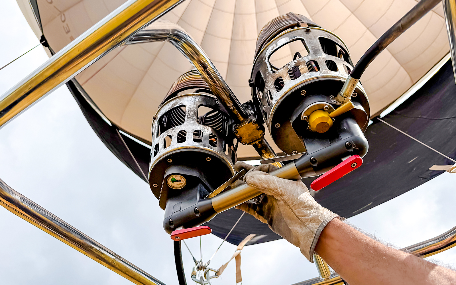 Hot air balloon dual burners being prepared for flight.