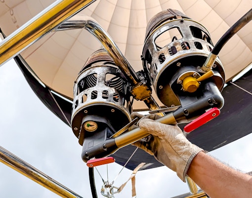 Hot air balloon dual burners being prepared for flight.