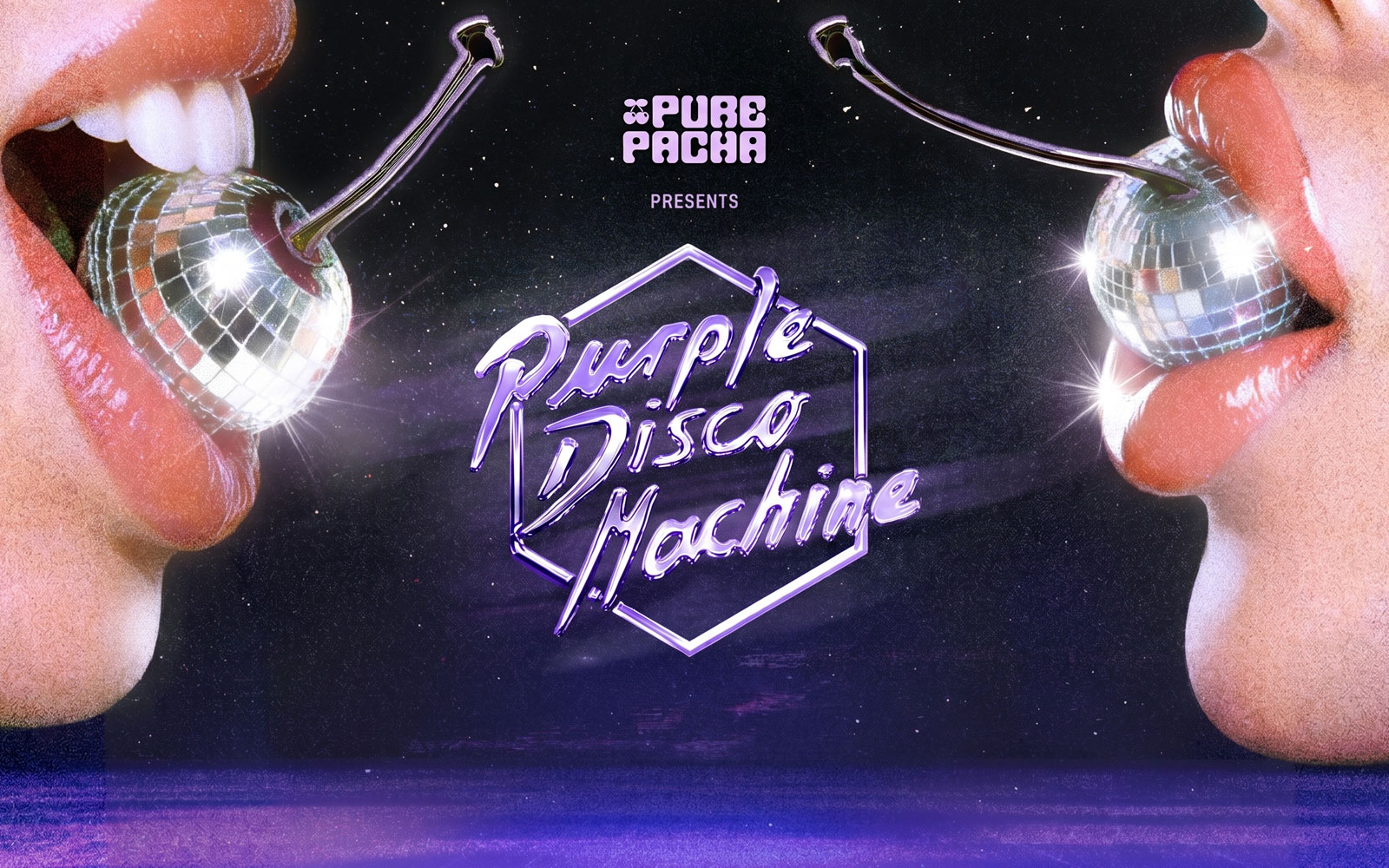 Purple Disco Machine event at Pure Pacha, Ibiza with disco ball cherries.