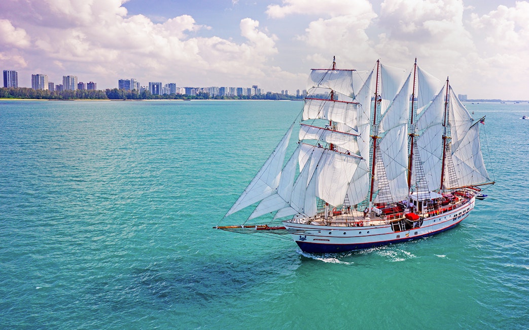 Sailing ship The Royal Albatross on open sea with city skyline in the background.