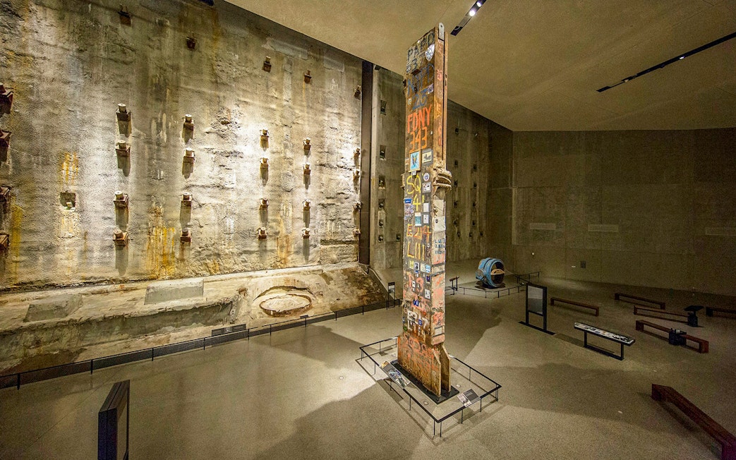 Steel column covered in tributes at 9/11 Museum, New York City.