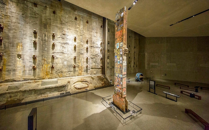 Steel column covered in tributes at 9/11 Museum, New York City.