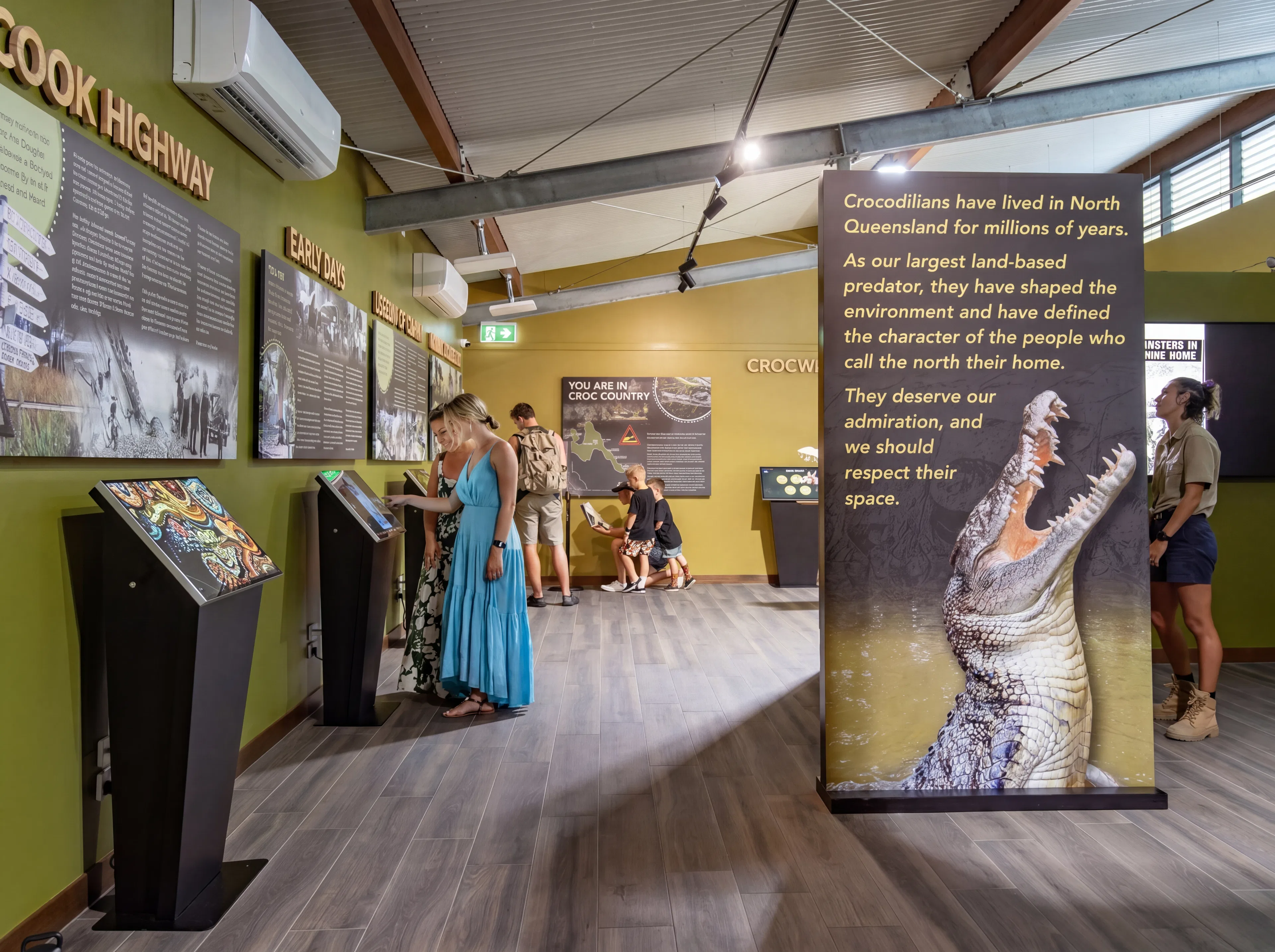 Visitors exploring exhibits at Hartley's Crocodile Adventures Croc Centre in Queensland.