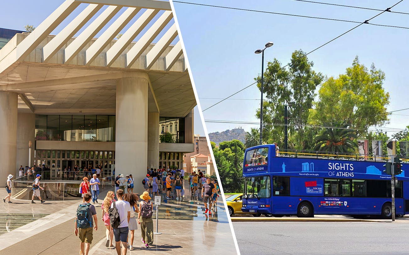 Acropolis Museum entrance and Athens sightseeing bus.