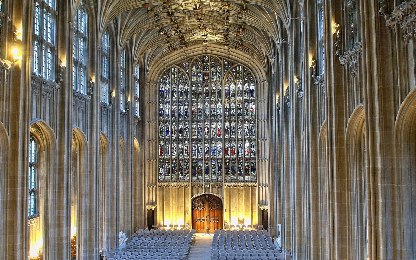 St. George's Chapel interior with stained glass windows at Windsor Castle, London.