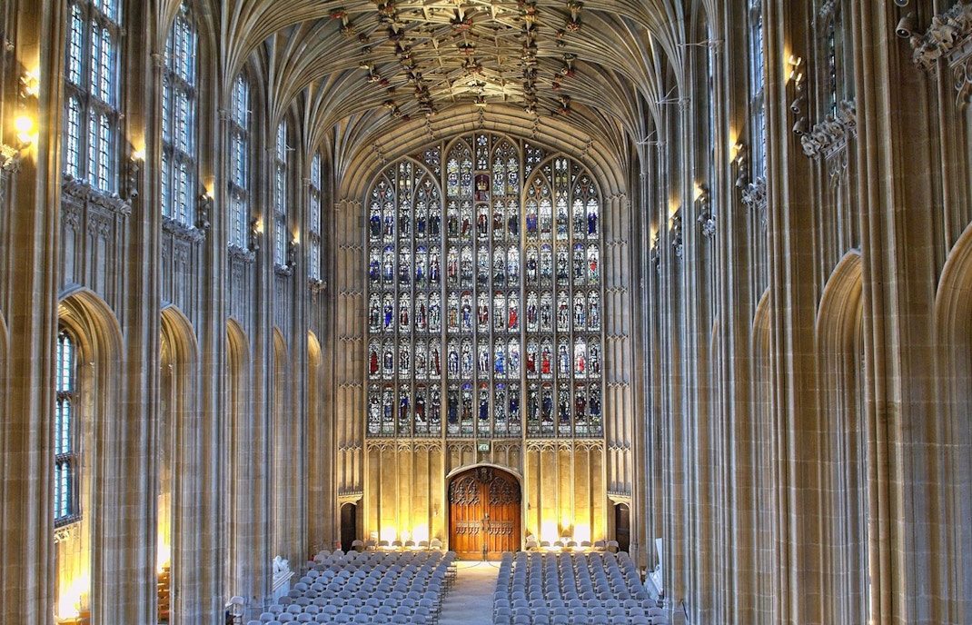 St. George's Chapel interior with stained glass windows at Windsor Castle, London.