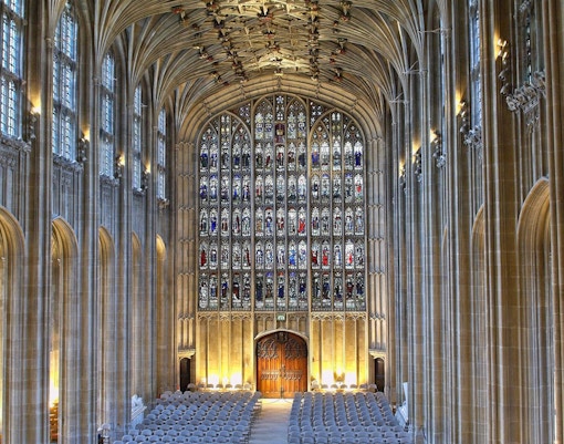 St. George's Chapel interior with stained glass windows at Windsor Castle, London.
