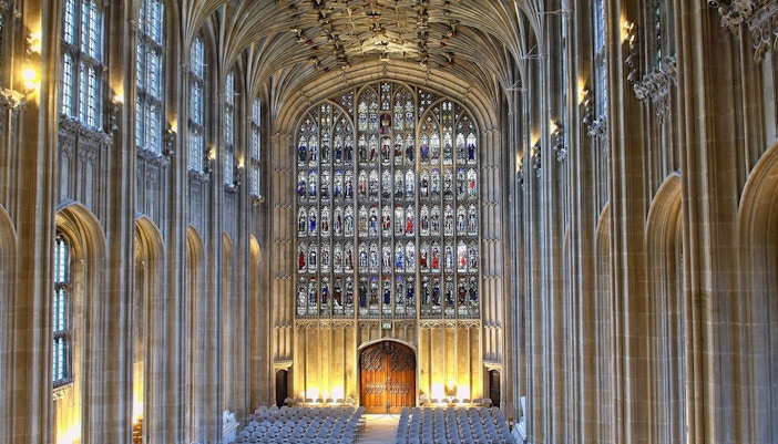 St. George's Chapel interior with stained glass windows at Windsor Castle, London.