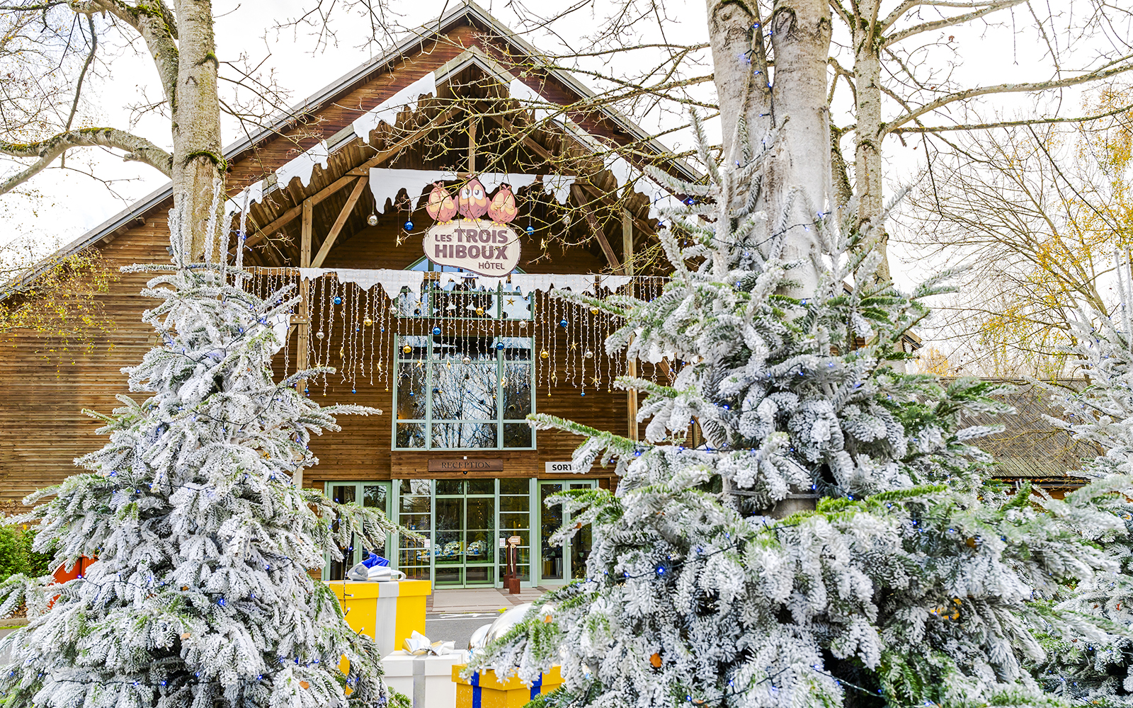 Parc Asterix Les Trois Hiboux Hotel decorated for Christmas with snow-covered trees.