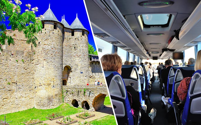 Carcassonne Castle exterior with tourists and interior of a tour bus in France.