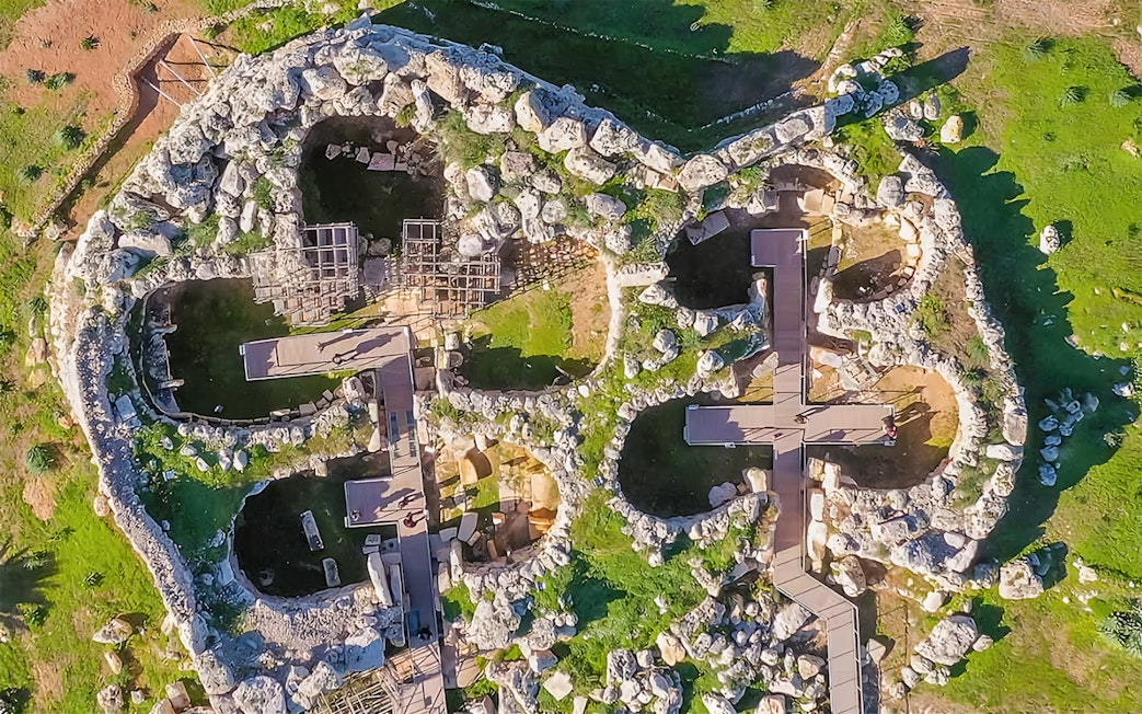 Aerial view of Ġgantija Temples on Gozo, Malta, part of a full-day guided tour.