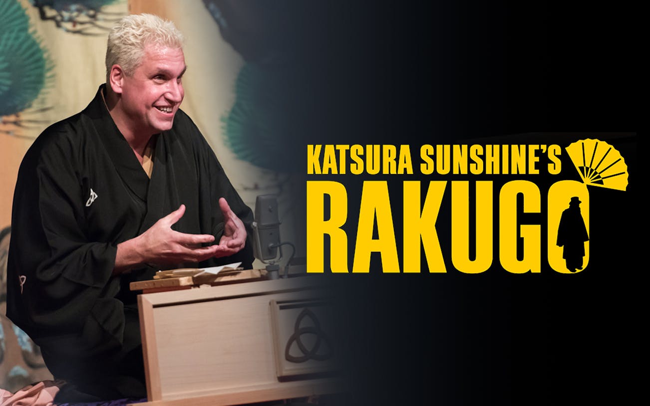 Katsura Sunshine performing Rakugo storytelling on stage.