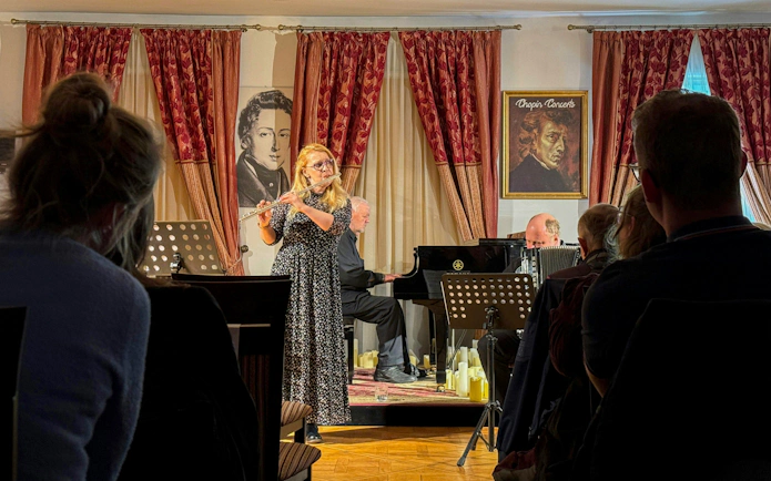 Musicians performing Jewish style klezmer music at a concert in Krakow.