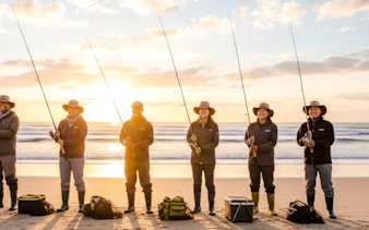 Group fishing on Oualidia beach at sunrise, Essaouira.