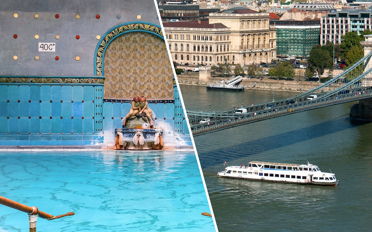 Gellert Thermal Bath interior and Danube River cruise in Budapest.