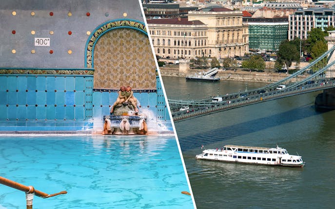 Gellert Thermal Bath interior and Danube River cruise in Budapest.