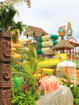 Water park slides and tropical decor at Carey Island, Malaysia.