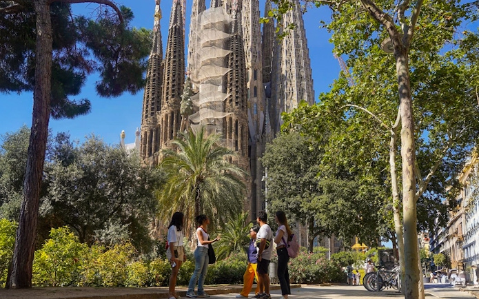 Tour group near Sagrada Familia in Barcelona, surrounded by trees.