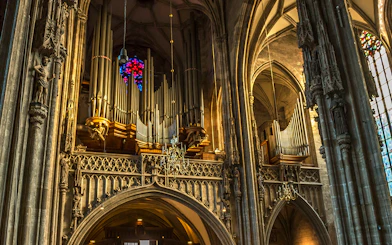 St. Stephen's Cathedral organ pipes and stained glass window in Vienna.