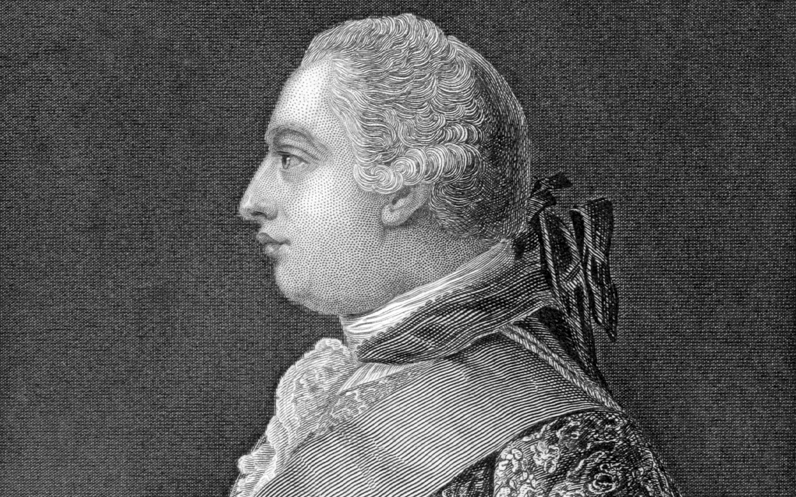 Engraving of George III in profile, wearing formal attire.