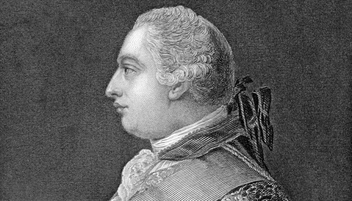 Engraving of George III in profile, wearing formal attire.