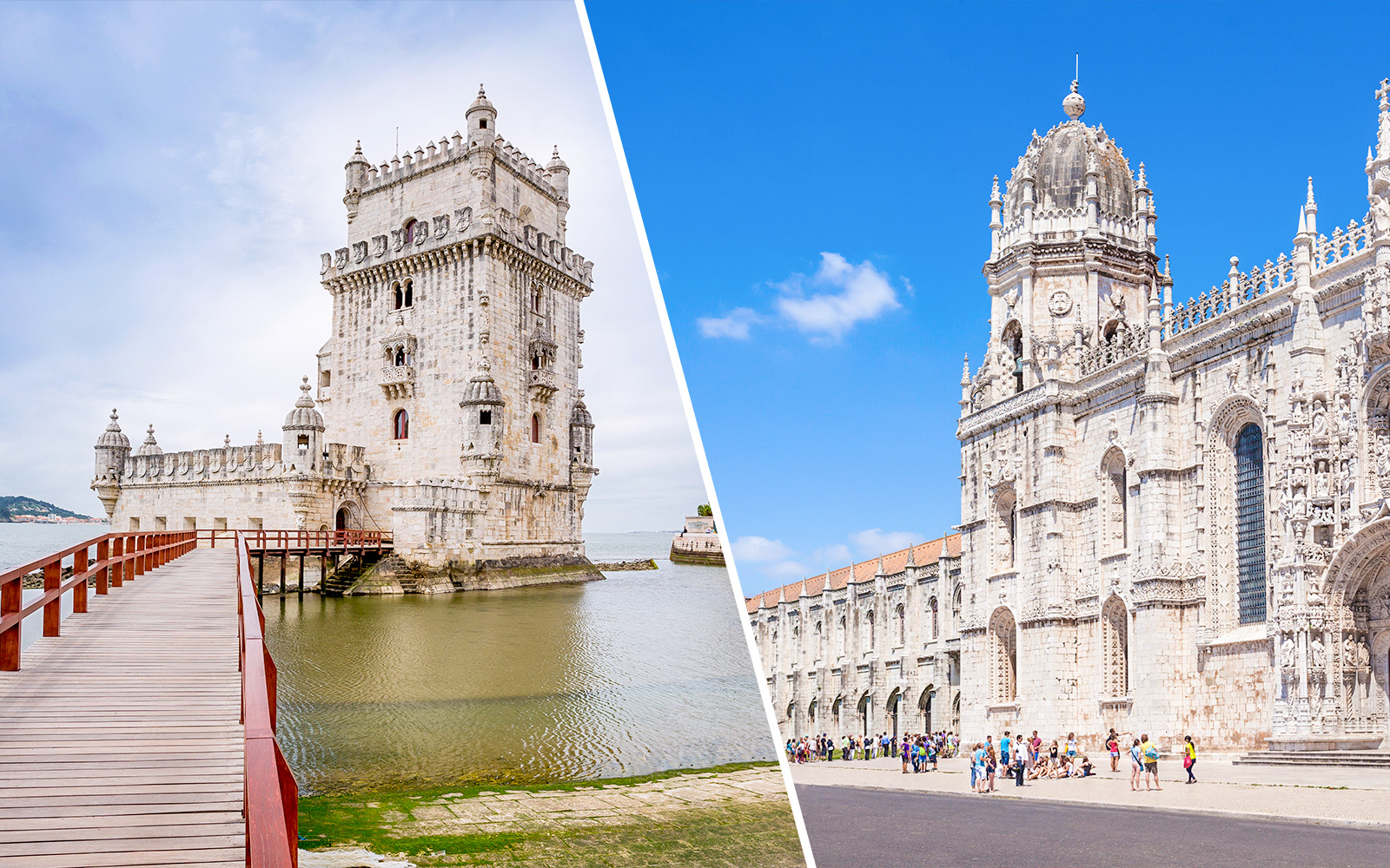 Vista frontal do Mosteiro dos Jerónimos em Lisboa, destacando sua arquitetura detalhada e torres góticas.